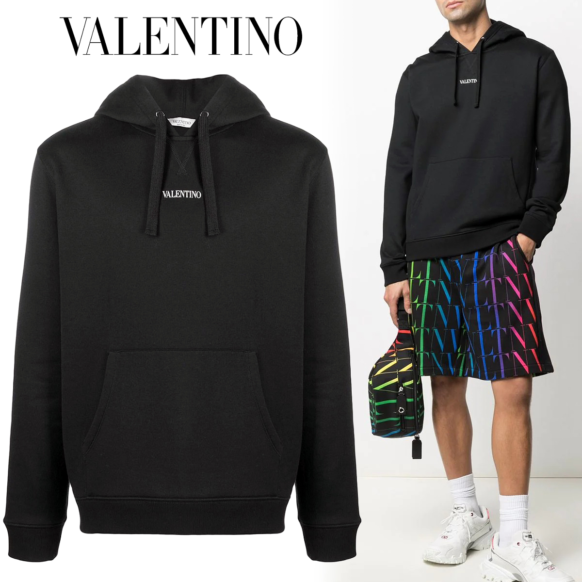 送料無料 4 VALENTINO ヴァレンティノ VV3MF14F73C 0NI ブラック ロゴプリント パーカー フーディー size L_画像1