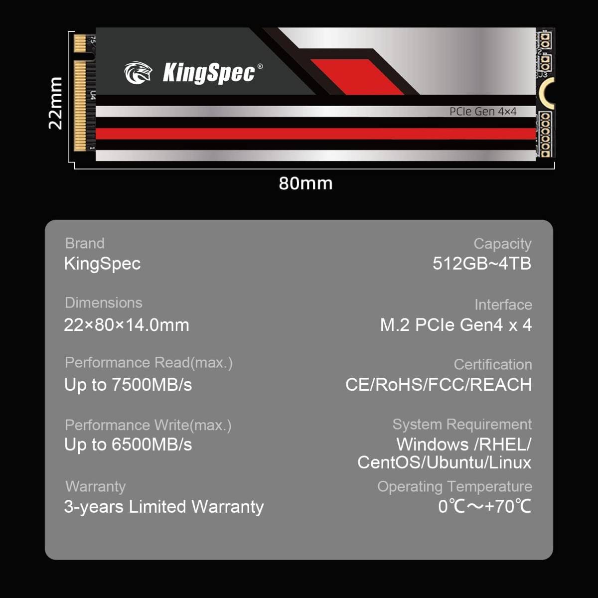 KingSpec 内蔵 SSD 2TB NVMe M.2 Type 2280 PCIe Gen 4.0×4 3D NAND DRAM搭載 読み込み最大7400MB/秒 ヒートシンク付き PS5に最適__画像7