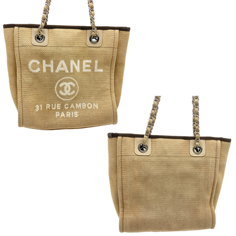 CHANEL シャネル　ドーヴィルPM　チェーントートバッグ　キャンバス/レザー　ベージュ×ブラウン系　1番台　中古AB【辻屋質店B2259】_画像2