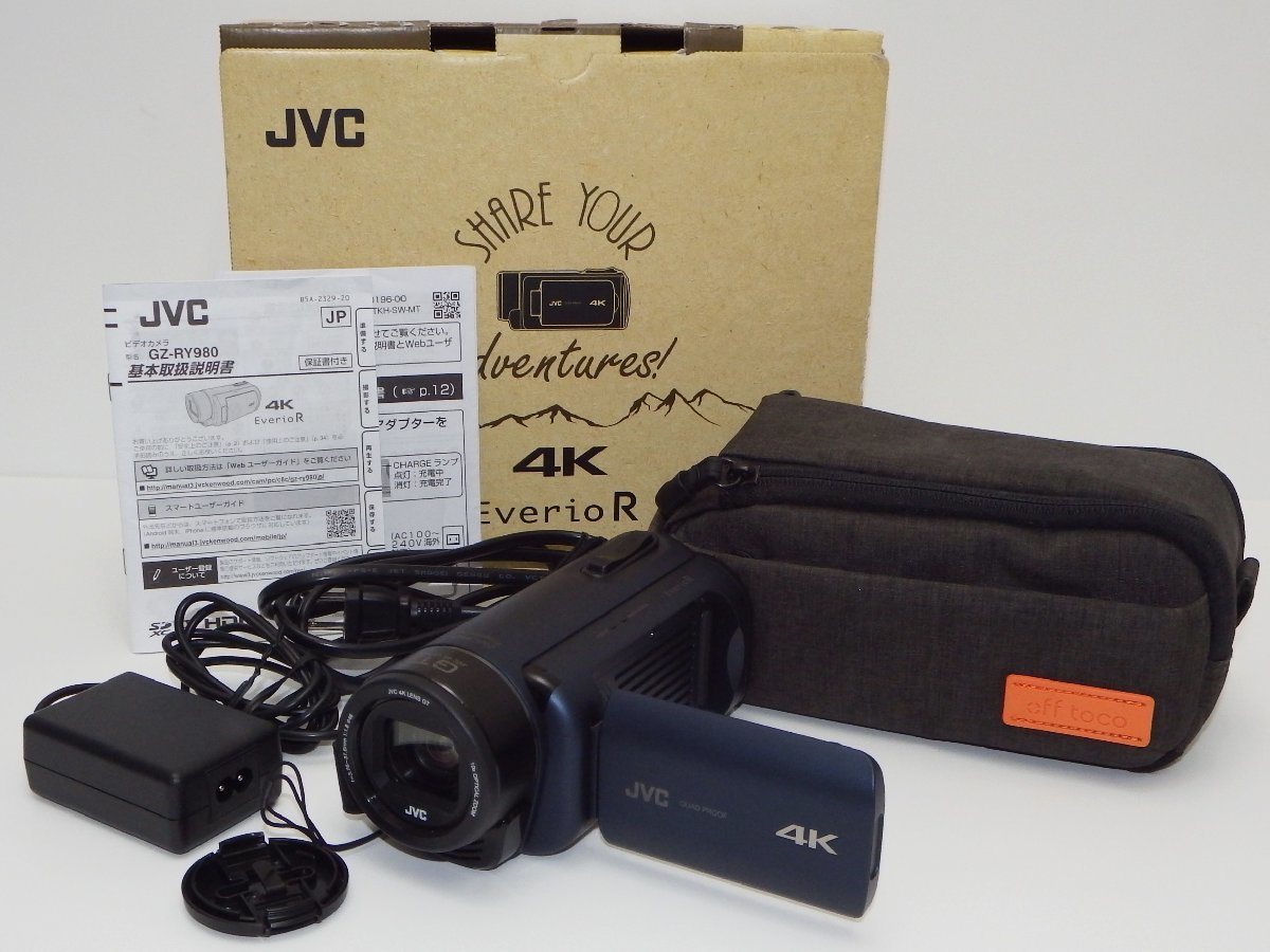 #【動作OK・中古】JVCKENWOOD JVC ビデオカメラ Everio R GZ-RY980-A SD128GB /無線LANアダプター/ケース/充電ケーブル/箱ほか セット(札）
