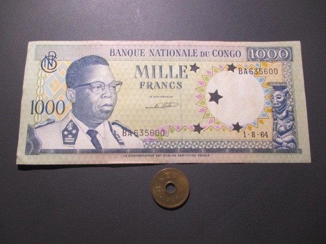 未使用　コンゴ民主共和国　1964年　最高額　1000フラン　未発行償却_画像1