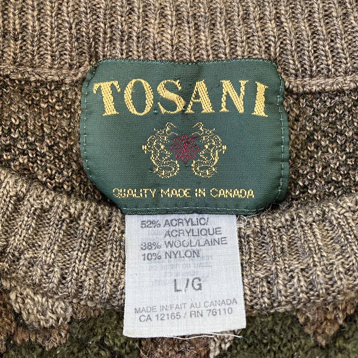 カナダ製◎【TOSANI】トサニ 90s クルーネック ニット セーター プルオーバー 総柄 ゆったり ウール混 ブラウン メンズ 上着 L/1035UU_画像7