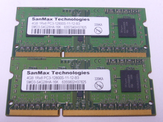 ノートパソコン用メモリ 両面チップ SanMax SK hynixチップ 1.5V DDR3-1600 PC3-12800S 4GBx2枚 合計8GB 起動確認済です_画像1
