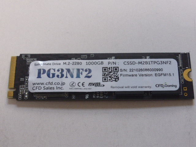 CFD SSD M.2 NVMe Type2280 Gen 4x4 1000GB(1TB) 電源投入回数6回 使用時間0時間 正常100% CSSD-M2B1TPG3NF2 中古品です③_画像1
