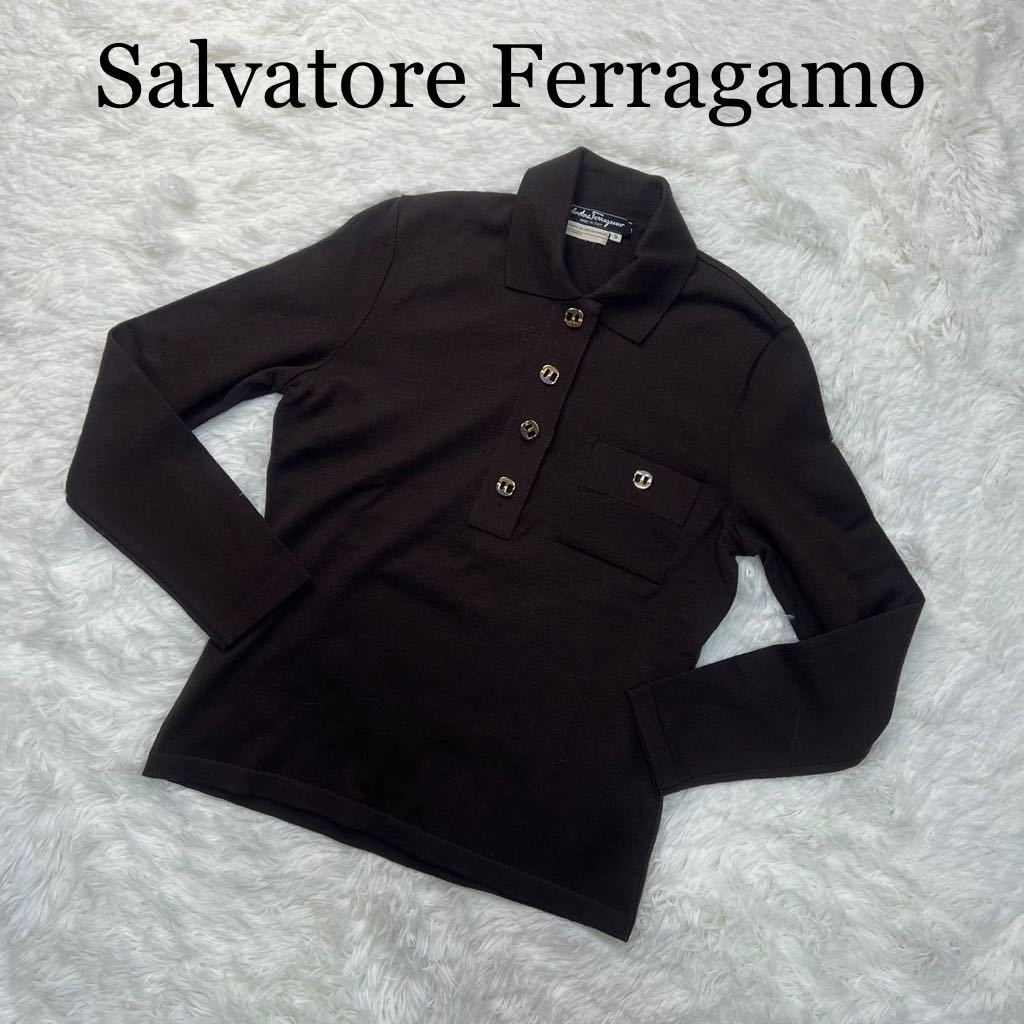 Salvatore Ferragamo サルヴァトーレフェラガモ ポロシャツ ニット素材 金ボタン 長袖 ブラウン S