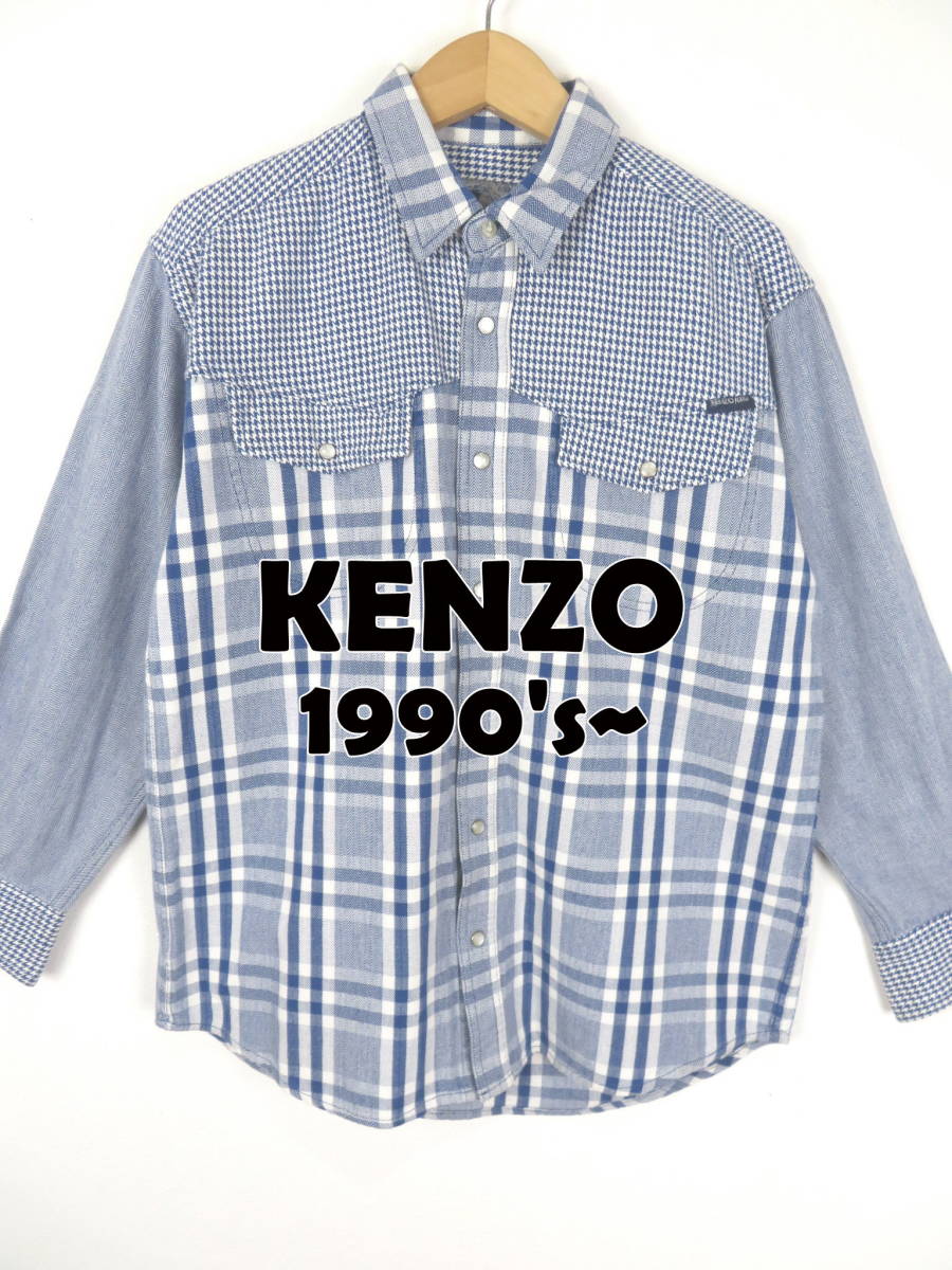 90s KENZO ケンゾー ★ 葛飾北斎タグ 厚手 チェック 長袖シャツ M ★ JEANS ジーンズ 千鳥格子 ヘリンボーン メンズ 高田賢三