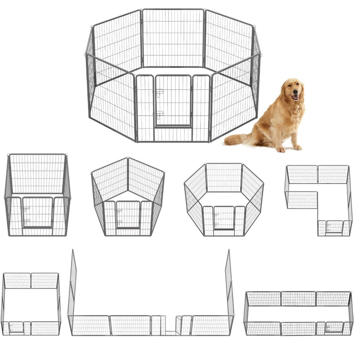 ペットフェンス 犬猫 中大型犬用 ペットケージ パネル 折り畳み式 ペットサークル 床保護 カタチ変更可能 組立簡単 スチール製 高さ80cm _画像1