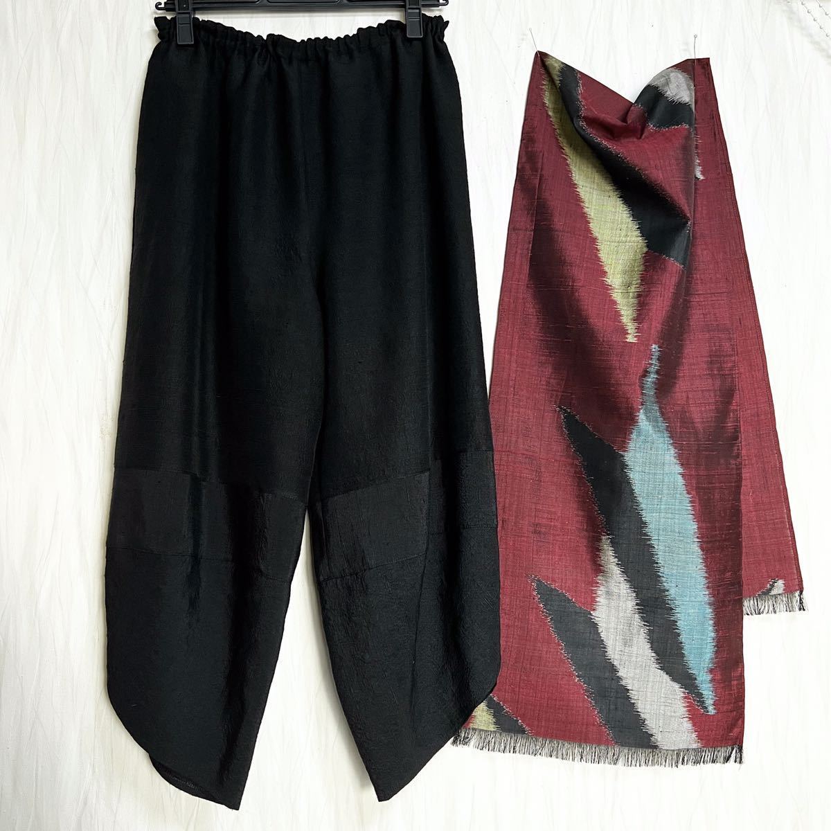 日本最大の 手織り黒紬＊サルエルパンツ＋ストール＊裏地付き＊着物