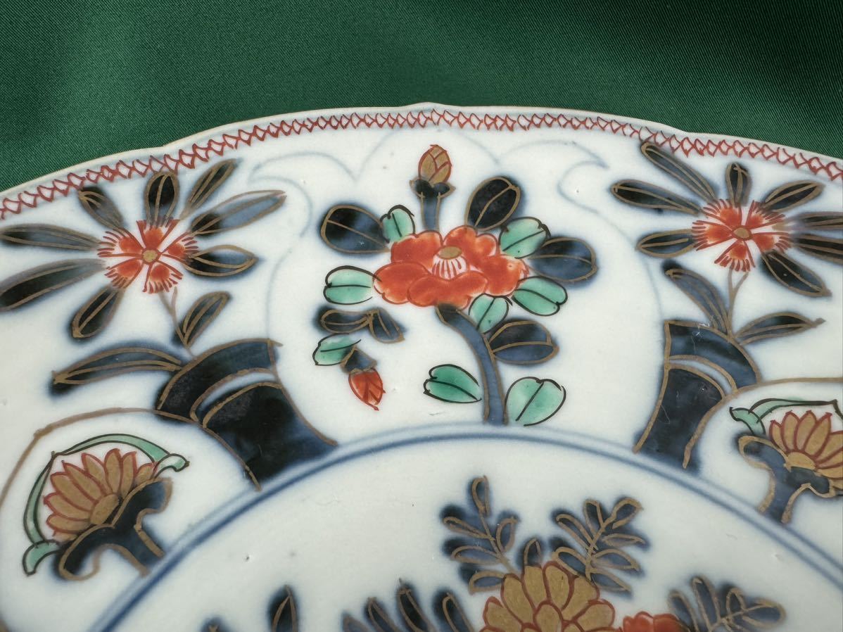 * old Imari * flowers and birds writing sama overglaze enamels wheel flower plate 22cm* Edo period 