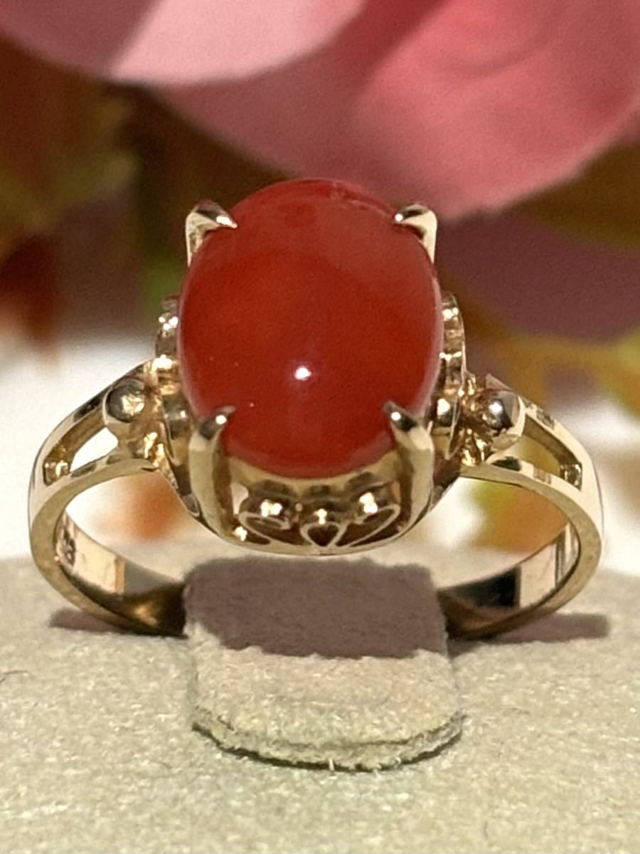 K18 Натуральное красное коралловое кольцо № 10 (A17)