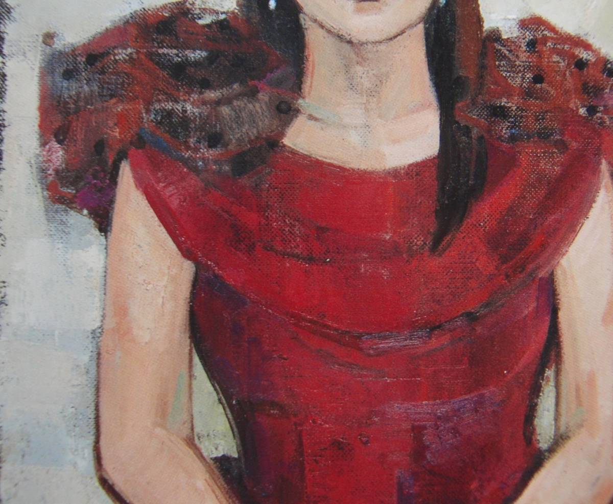 小林 欣子、「赤いコサージュのドレス」、厳選、希少画集・額装画、新品高級額 額装付、状態良好_画像3