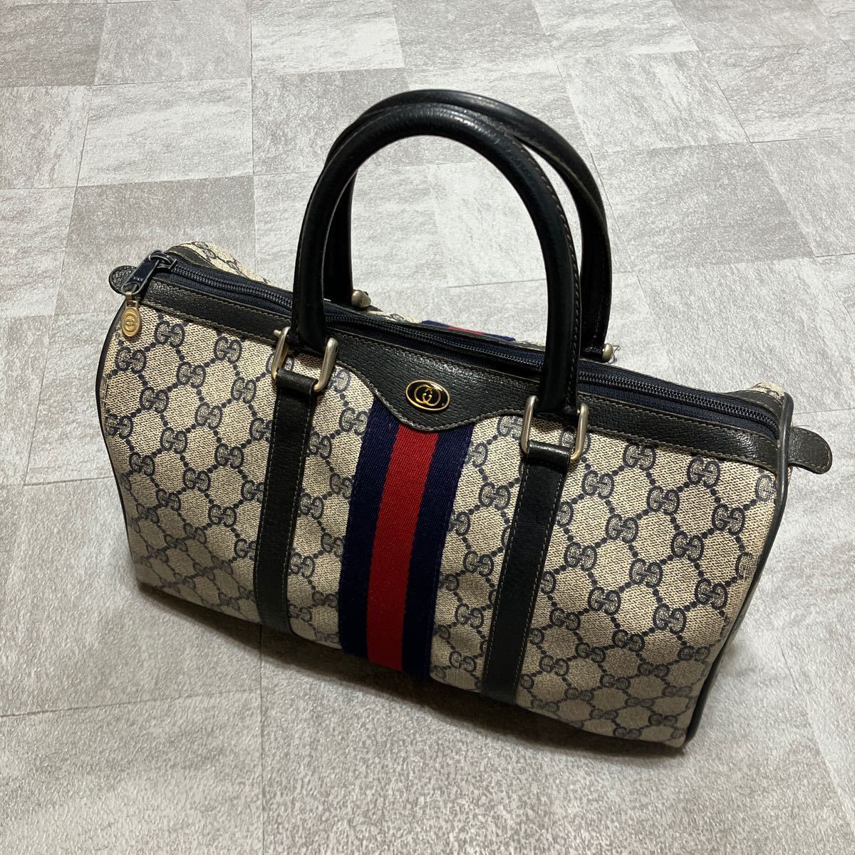 A8/ 1円 OLD GUCCI オールドグッチ シェリーライン GGスプリーム インターロッキング ミニボストン ハンドバッグ PVC レザー ネイビー_画像1