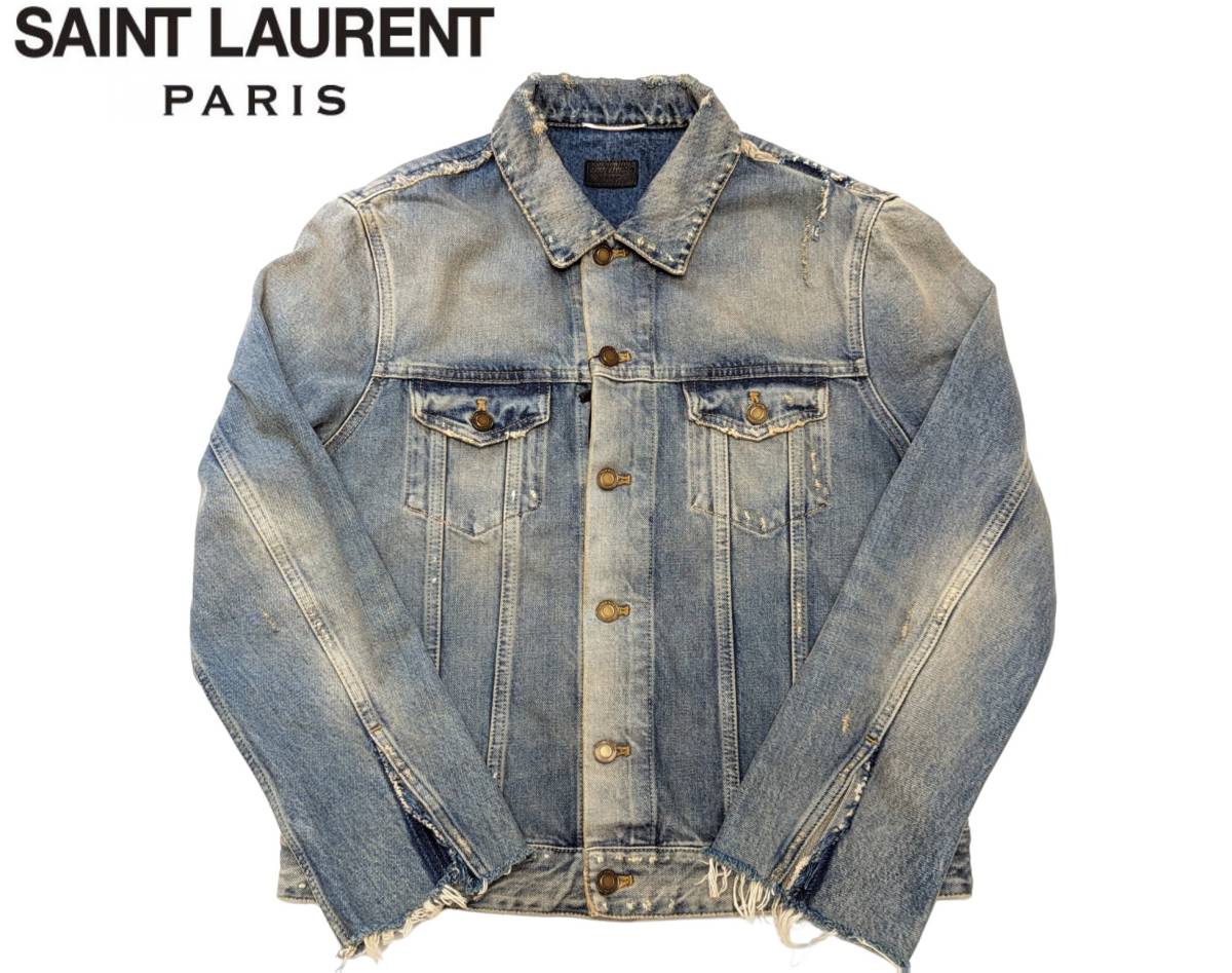 定価19.8万 新品 SAINT LAURENT PARIS サンローラン デニムジャケット Gジャン ブルゾン ダメージ加工 パーカー テディ ボンバー コート_画像1