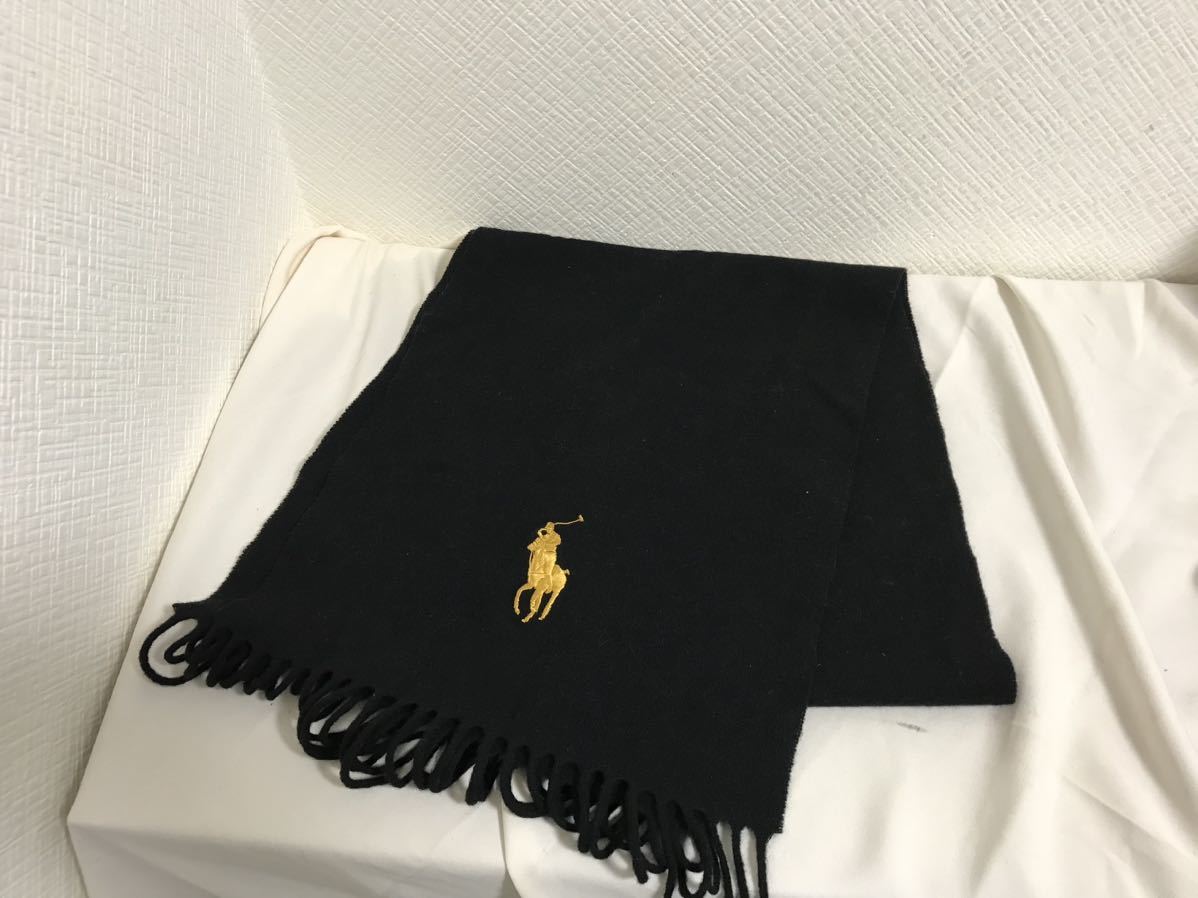 本物ポロラルフローレンPOLO RalphLaurenウールロゴ刺繍マフラー旅行トラベルストールメンズレディースビジネススーツモード黒ブラック金