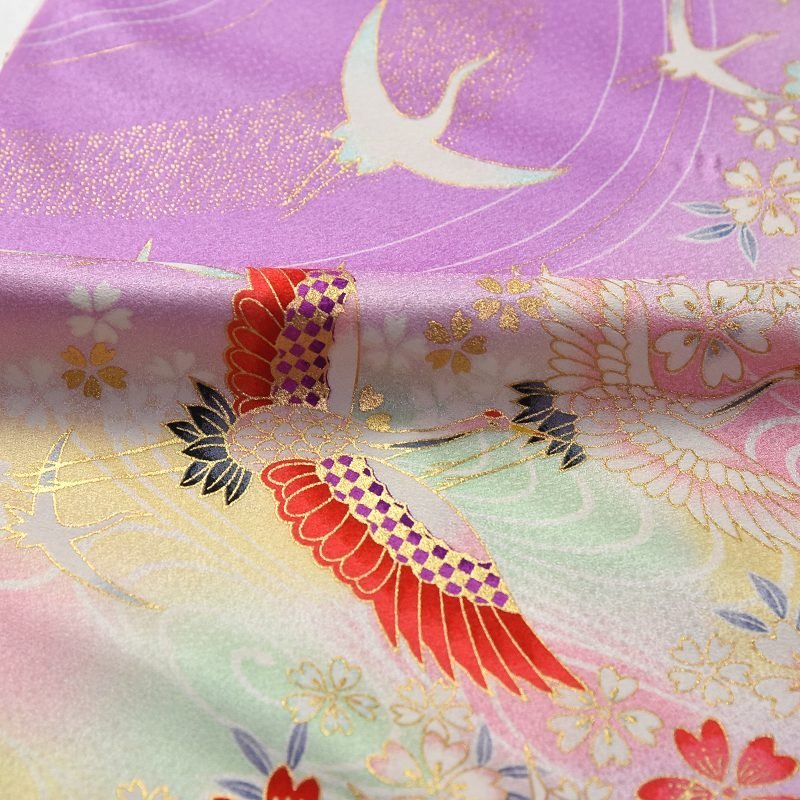 【ほりだし堂】　女の子着物　四つ身　飛び鶴に桜　パープル色　正絹　未仕立　７歳着物　七五三_画像3