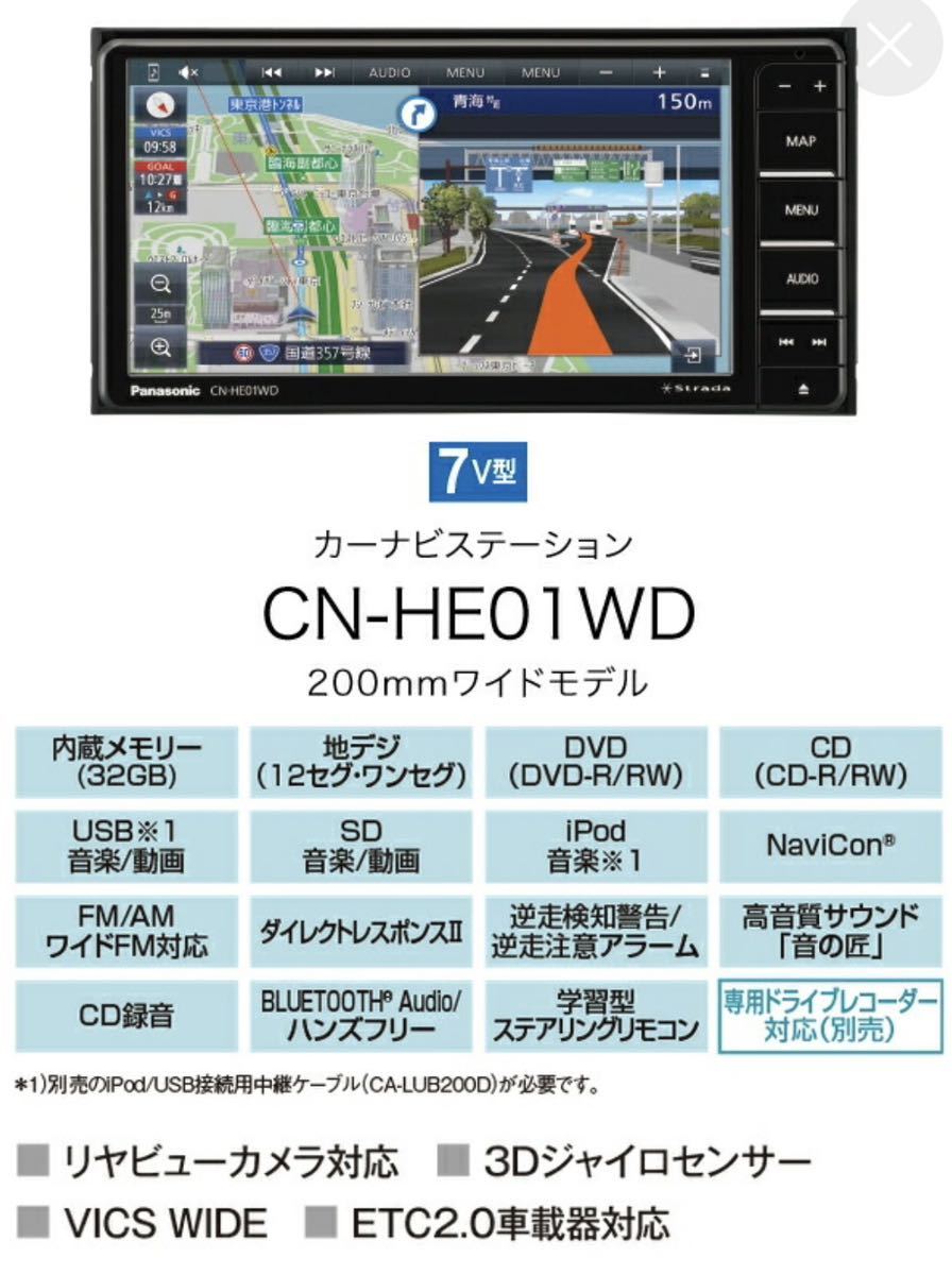 2021年地図データ ダイハツ純正オプション Panasonic ストラーダ CN-HE01WD フルセグTV Bluetooth DVD （TVアンテナ欠品）　中古美品☆_画像8