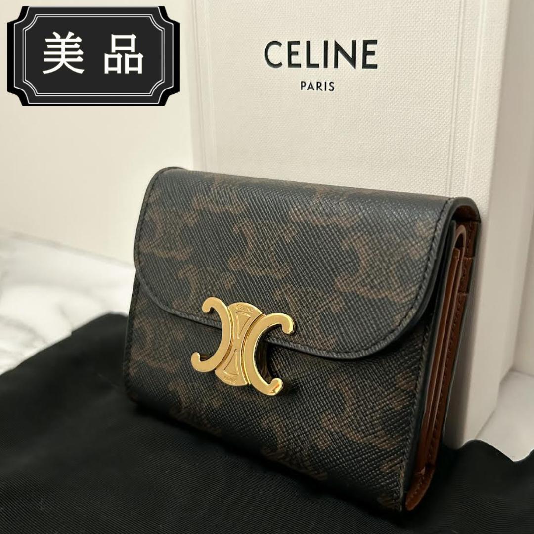 CELINE セリーヌ スモールウォレット トリオンフ キャンバス 三つ折り コンパクト財布 札 コイン カード入れ ゴールド金具 タン レディース_画像1