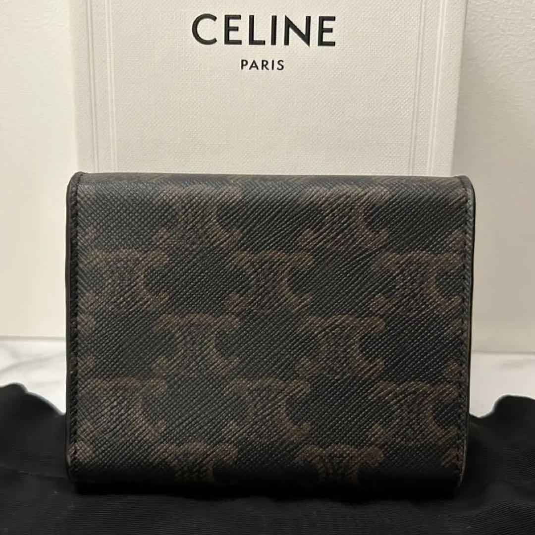 CELINE セリーヌ スモールウォレット トリオンフ キャンバス 三つ折り コンパクト財布 札 コイン カード入れ ゴールド金具 タン レディース_画像2