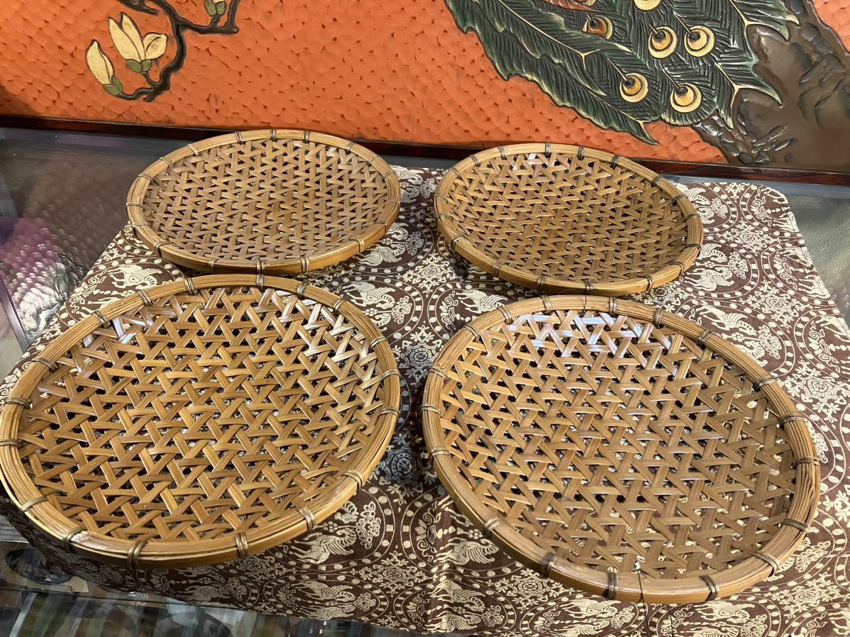 亀甲編み丸皿(竹笊、蕎麦用ザル)４枚セット