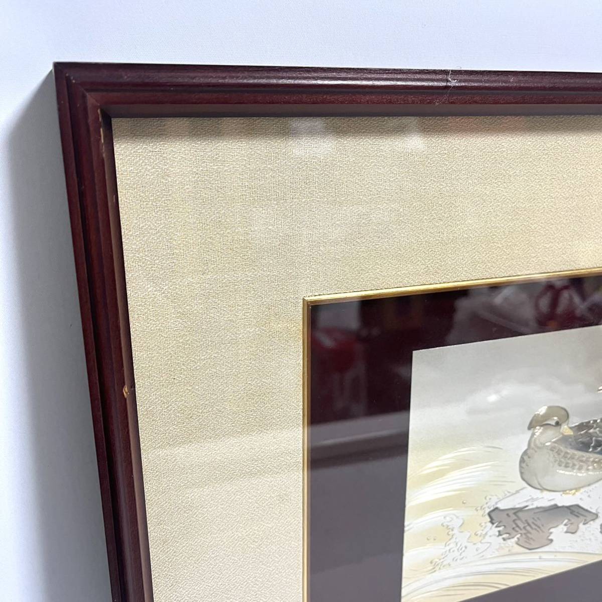 1円スタート】井上秀鳳作 彫金画 おしどり 木製額縁付き 金属 1円スタート】井上秀鳳作 彫金画 おしどり 木製額縁付き 金属