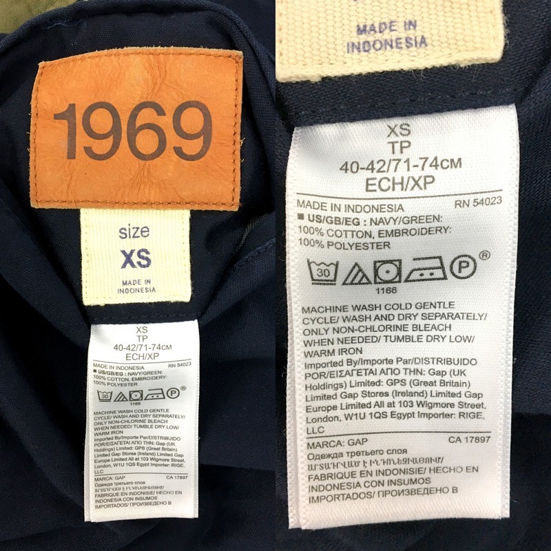 GAP 50周年記念 刺しゅうリバーシブルボンバージャケット 1969 スタジャン ミリタリー メンズ XSサイズ カーキ/ネイビー ギャップ N17980●_画像9
