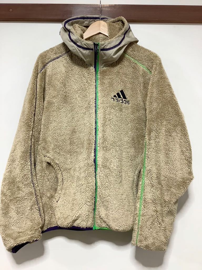 ね1297 adidas アディダス フリースジャケット フリースパーカー M ライトブラウン ベージュ系 ロゴ刺繍_画像1