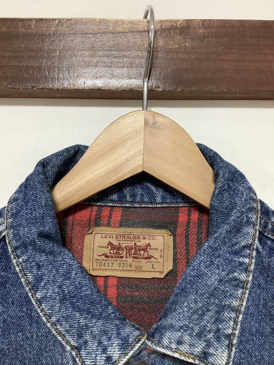 ぬ1282 USA製 Levi's リーバイス 70417 9316 トラッカージャケット 90's 裏地ネル ジージャン デニムジャケット L ビンテージ 4ポケ_画像3