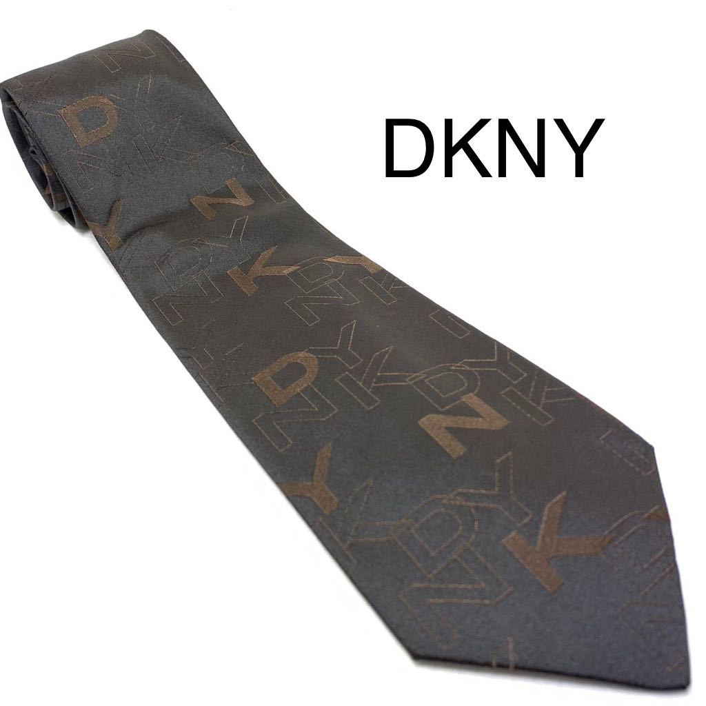 ダナキャランニューヨーク DKNY ネクタイ　ブラウン　茶色　ビジネス　ロゴ　総柄　ネクタイコーデ　古着コーデ_画像1