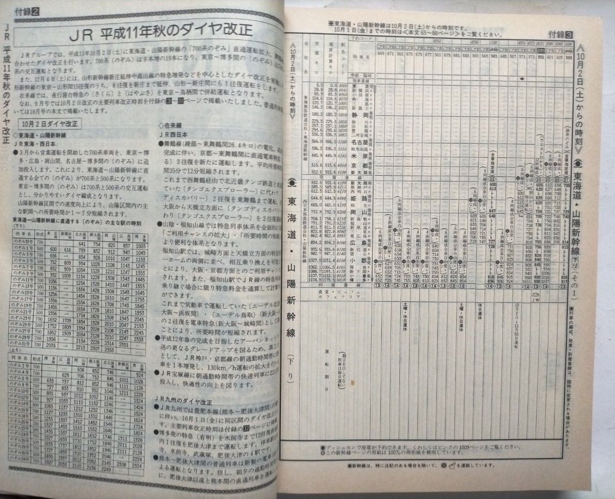 JTB時刻表 1999年9月号 10月2日東海道・山陽新幹線ダイヤ改正JR秋の増発列車掲載