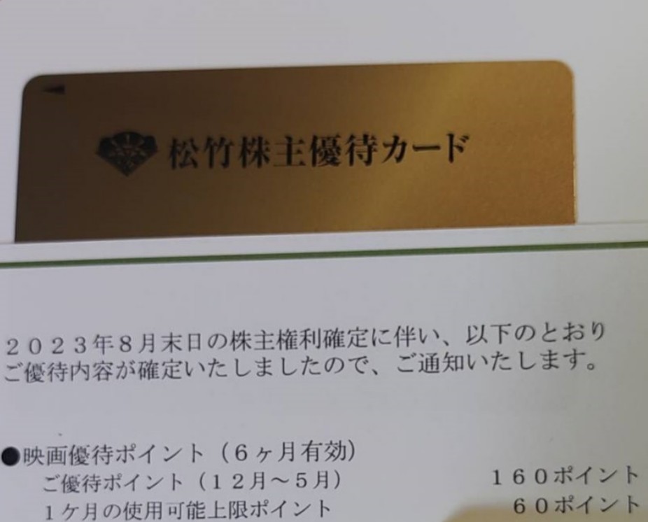 最新☆松竹 株主優待カード 160ポイント 返却不要 男性名義 演劇 映画_画像1