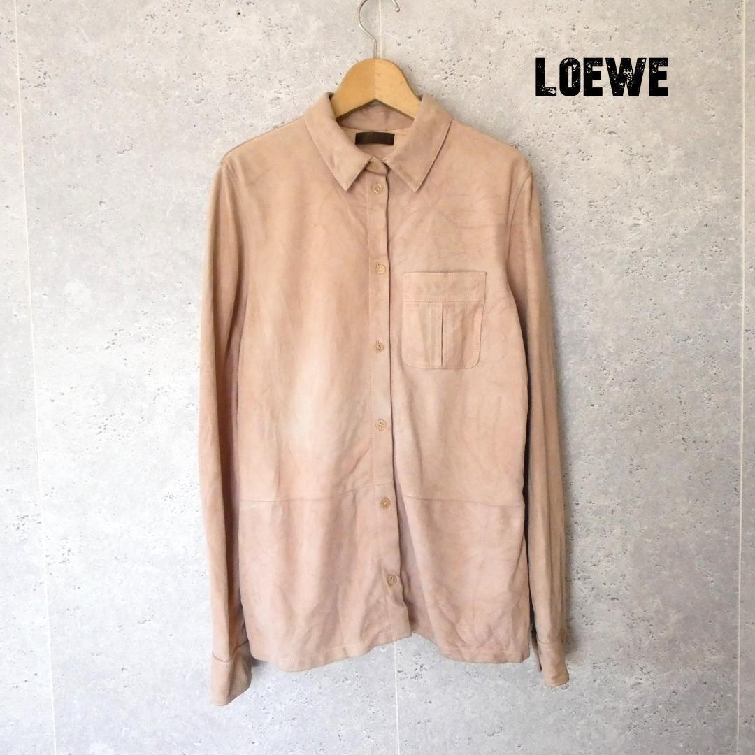 良品 LOEWE ロエベ シルク100％ スエード 長袖 シャツ ブラウス ジャケット 40 ピンクベージュ A2510