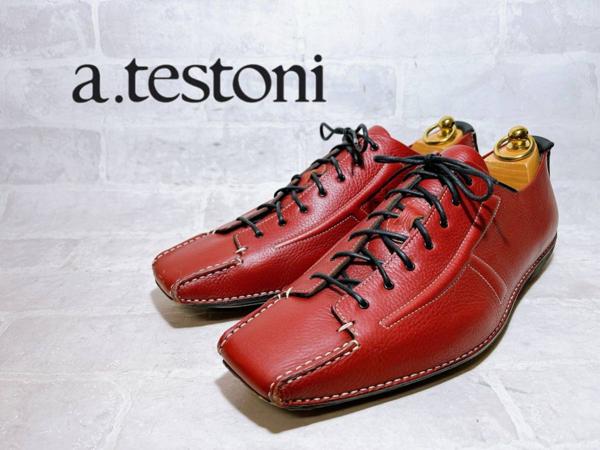 イタリア製【新品同様】a.testoni ア・テストーニ 高級 レザースニーカー ハンドメイド 赤 本革 UK9（約27.5cm）メンズ 紳士靴
