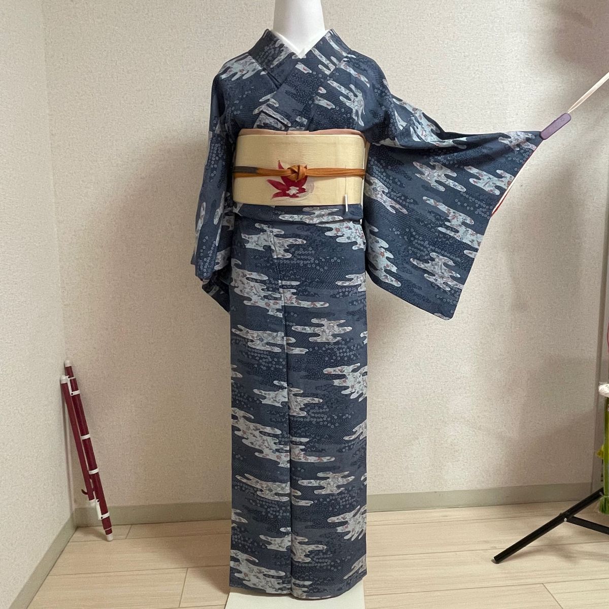 袷 正絹 小紋 着物 縮緬 青 紺  kimono 和服 呉服 和装 江戸小紋