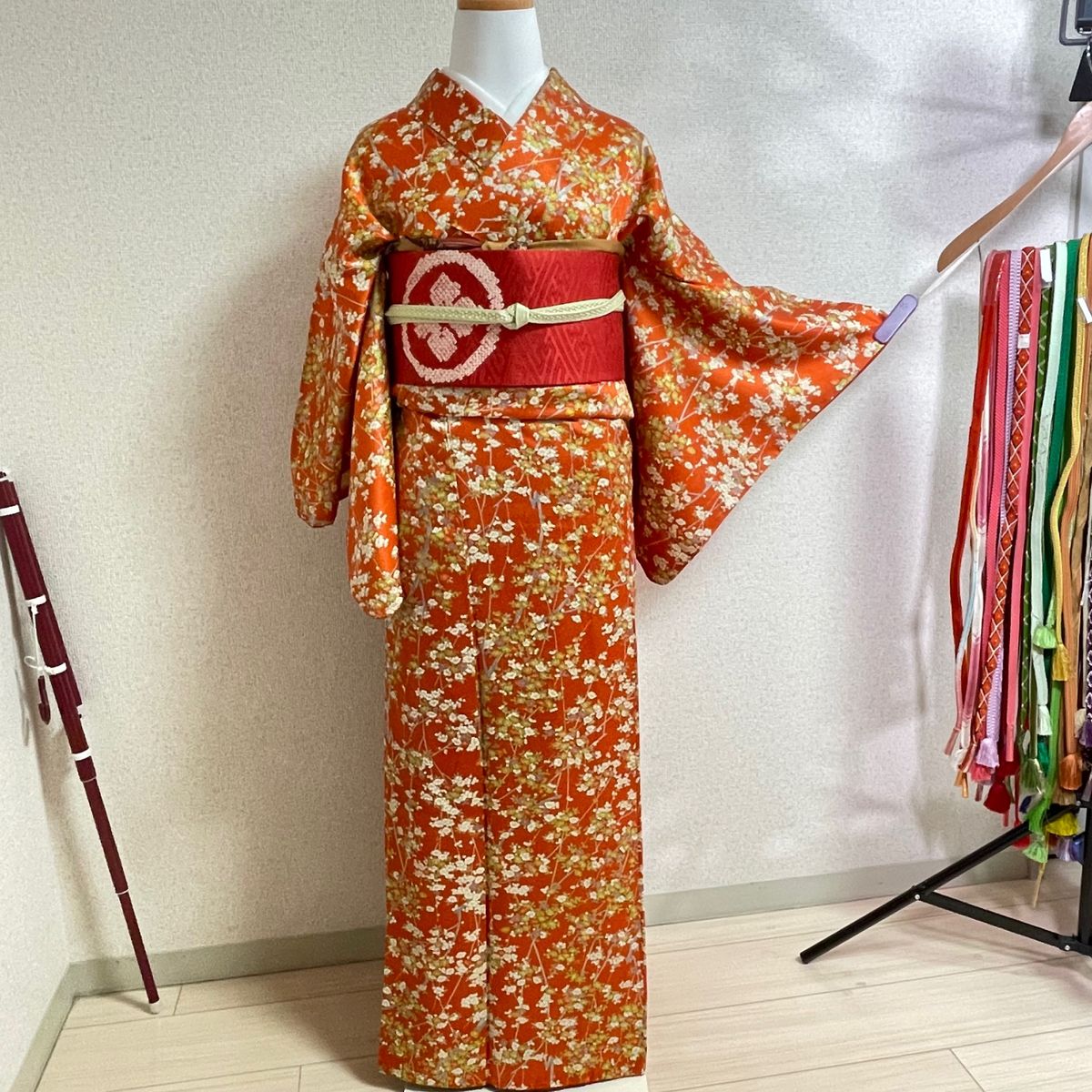 袷 正絹 小紋 着物 オレンジ 裄丈65.5cm kimono 和服 呉服