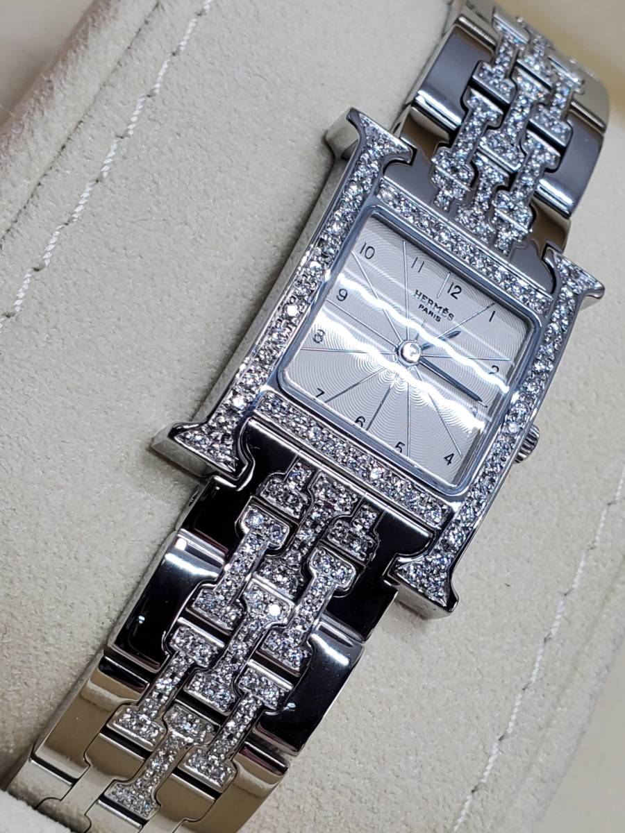 新品同様【エルメス】参考定価180万円♪Hウォッチ♪レディース腕時計♪シルバー♪ケース本体・ブレス・アフターダイヤ♪の画像4