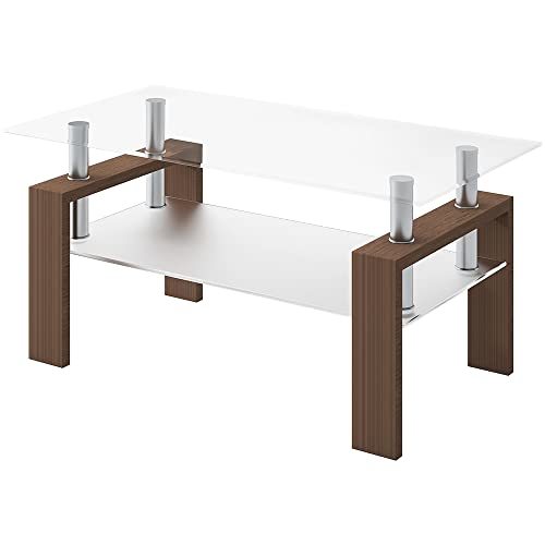 (OSJ)ガラステーブル コーヒーテーブル 幅88cm 強化ガラス天板 (クリア天板+ブラウン脚)