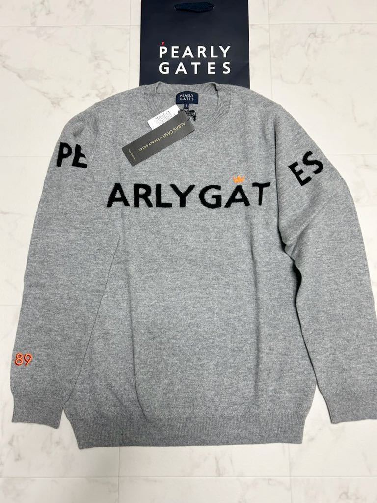 PEARLY GATES パーリーゲイツ カシミヤクルーネックニットセーターグレーメンズ6（XL）新品送料込み!_画像1