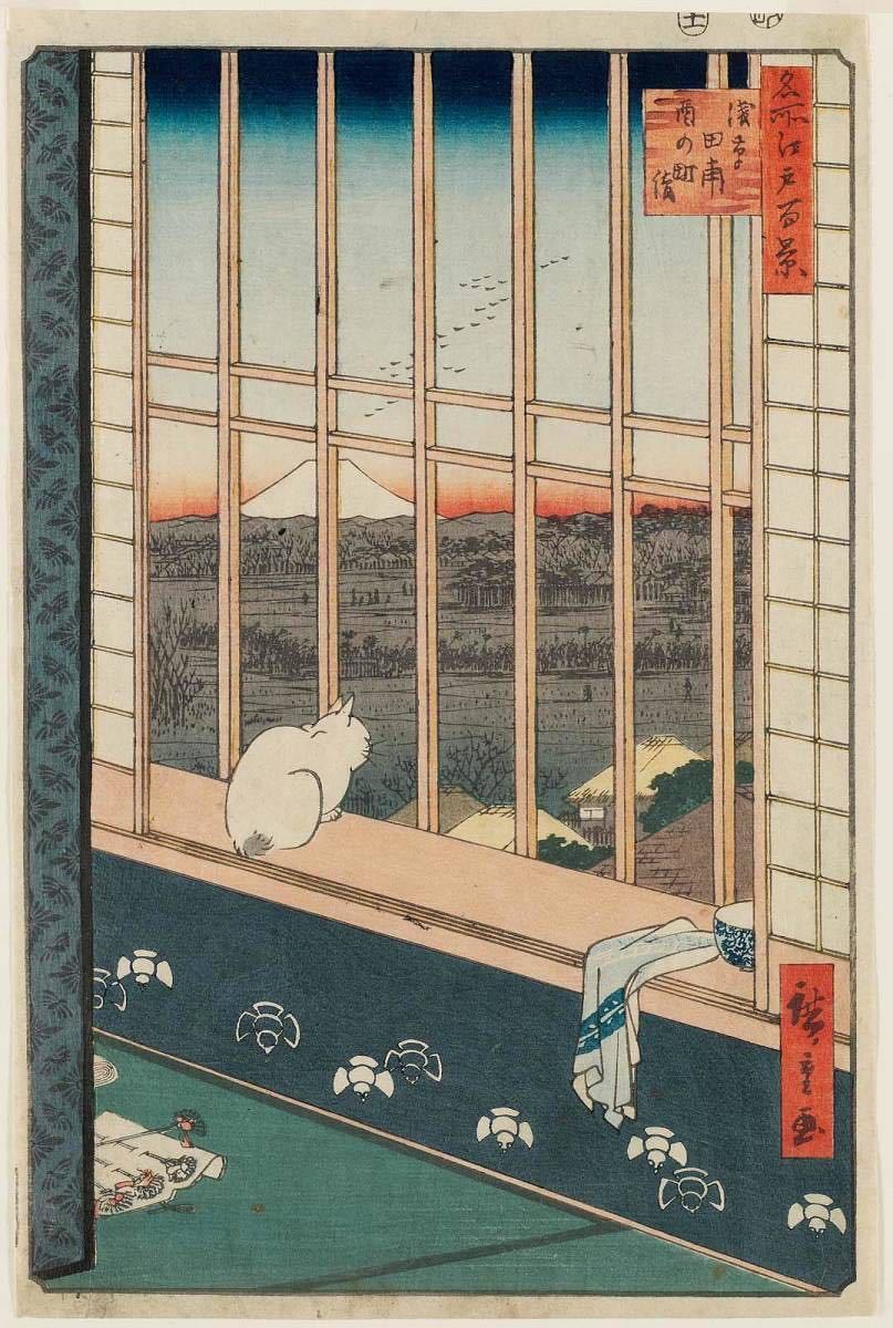 . river wide -ply name place Edo 100 ... rice field ... block .38.6x26.4cm. size size . made * ukiyoe . ornament north .. river country . cat cat . comb 