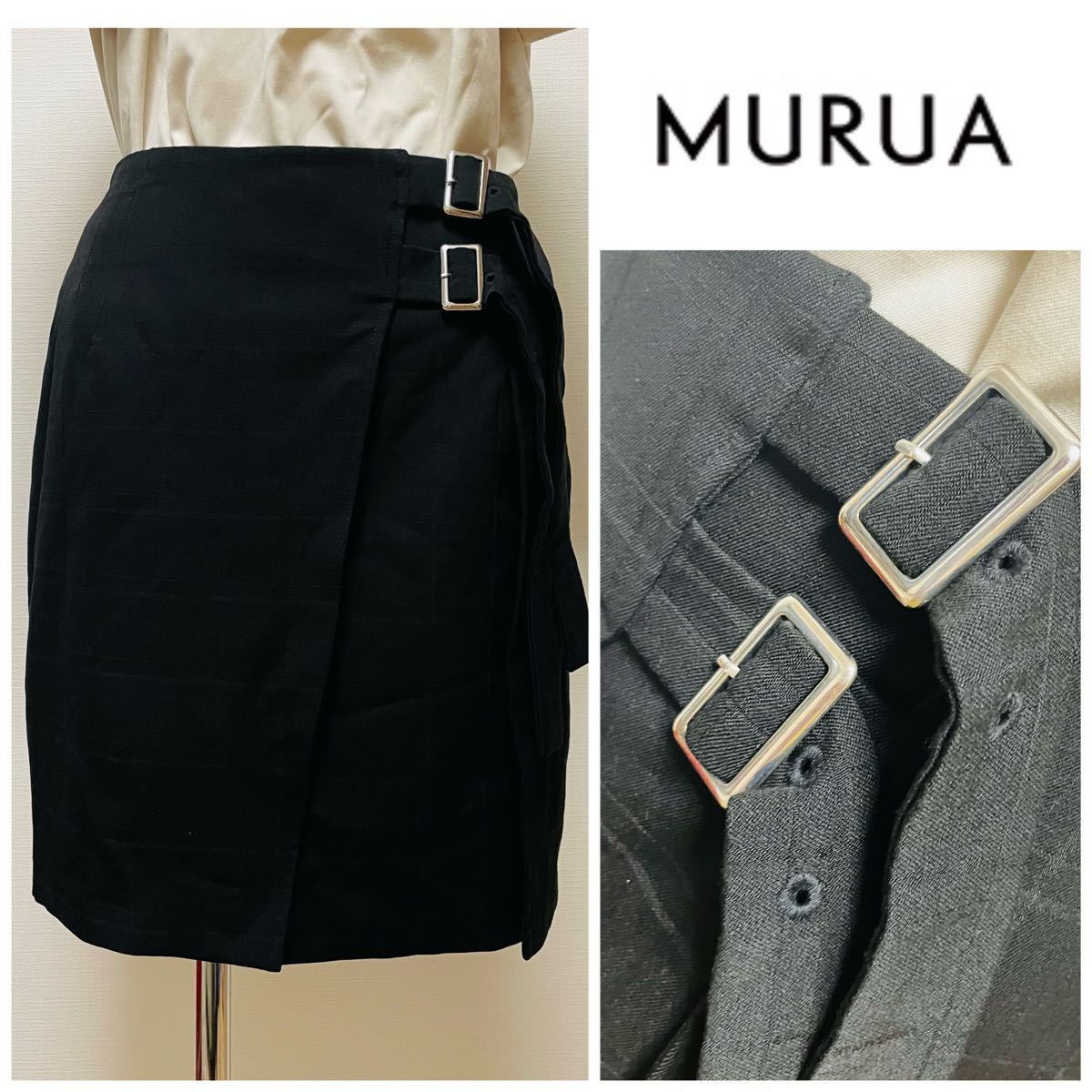 MURUAムルーア 黒透かしチェック 巻きスカート風スカート ラップ