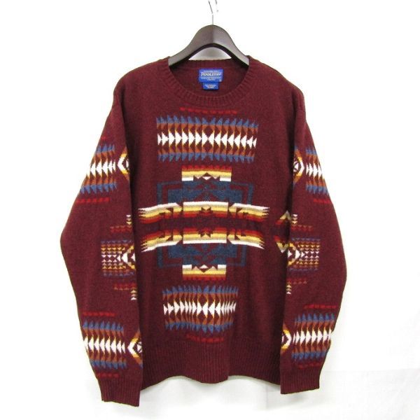 サイズ L PENDLETON ニット セーター ペンドルトン バーガンディ ネイティブ柄 古着 ビンテージ 3N2808_画像1