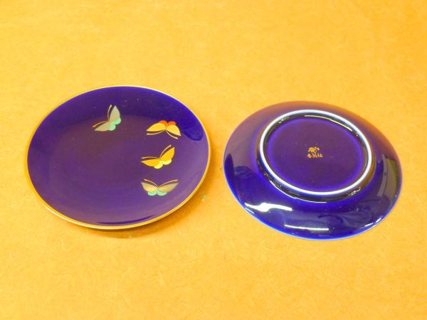 k013 香蘭社 瑠璃色 蝶文様 銘々皿 小皿 5客 セット 金彩 金縁 和食器 /80の画像6