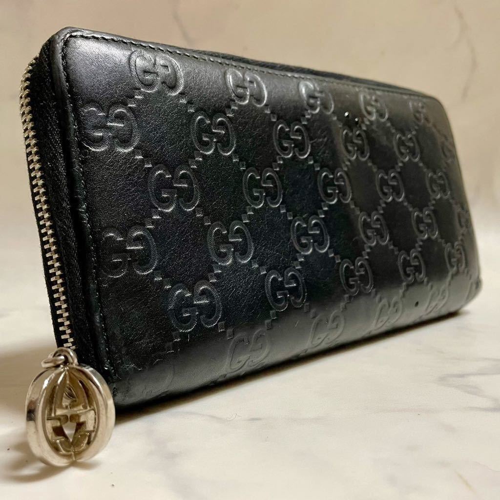 １円〜◎グッチGUCCI ◎長財布　ラウンドジップ　ウォレット　シマ　GG インターロッキング　チャーム　ブラック レザー メンズ レディース_画像1