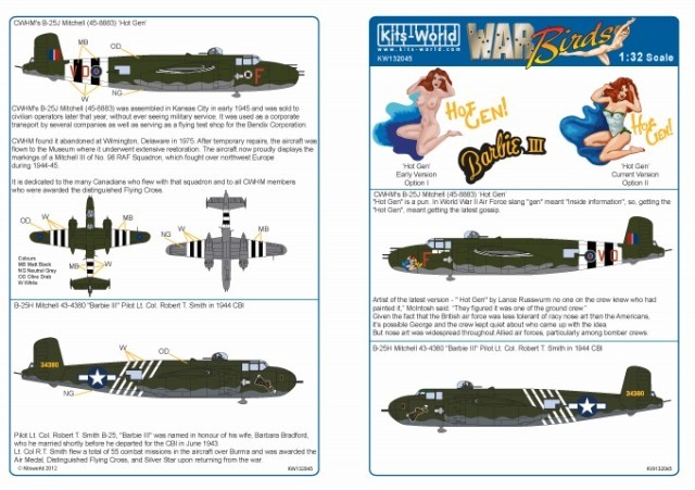 キッツワールド KW132045 1/32 英空軍 B-25H ミッチェル CWHM`s B25J `Hot Gen`, 米陸軍 `Barbie III` CBI 1944_画像2