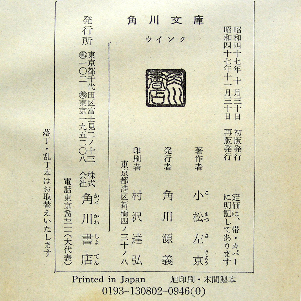 小松左京【ウインク】1972年発行の傑作短編１２編・傷みがひどいですが、市場では希少 角川文庫。匿名配送_画像5