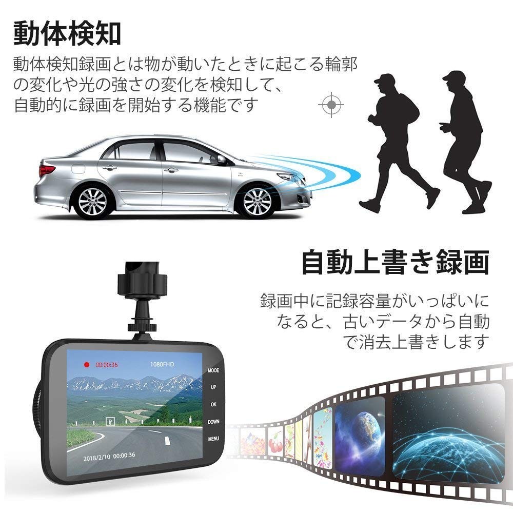 ドライブレコーダー 4インチ 前後カメラ バックカメラ 日本語説明書付き 広角 レンズ Gセンサー 1080P 高画質 フルHD 常時録画_画像6