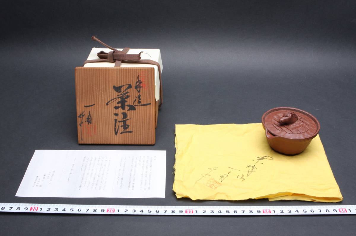 5378 珍品 名工 稀代の陶芸家 東城山一角 緻密馬摘 朱泥 茶注 宝瓶 煎茶道具 栞 共布 共箱_画像1