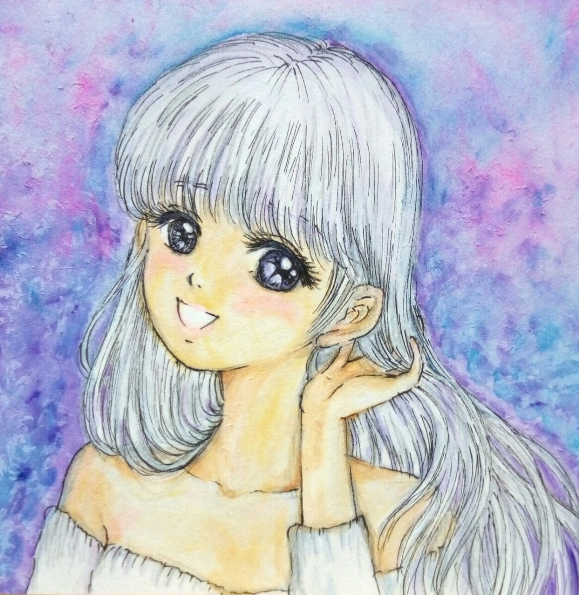 ヤフオク 手描き イラスト オリジナル 女の子 銀髪 ニット