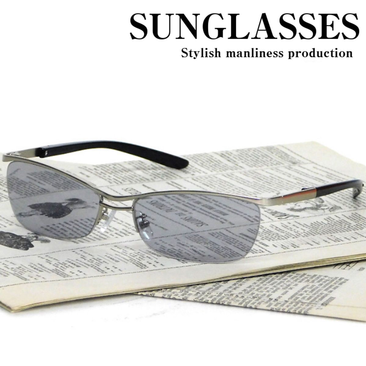 送料無料 リームレス型 サングラス メンズ ブロー オラオラ系 UVカット チョイ悪系 伊達眼鏡 ナイロール型 スモークレンズ