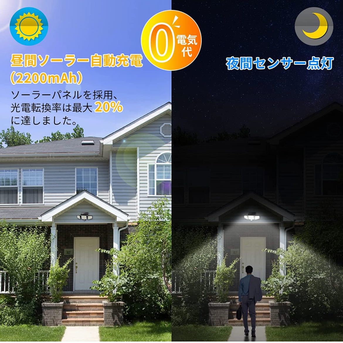 【未使用訳有】ASEKI★ソーラーライト 屋外 防水 センサー 2個セット【210LED 3面発光 光束最大2500ルーメン】3つ知能モード 2200mAh★_画像3