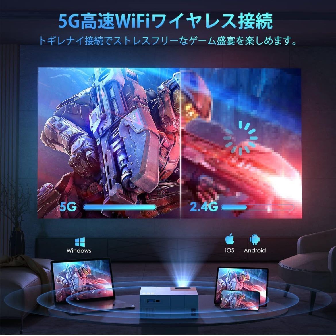 【未使用】YOWHICK★100スクリーン付5GWiFi プロジェクター 小型 22000LM高輝度 4K対応 1080P フルHD Bluetooth5.3搭載 台形補正 50%_画像3